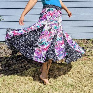 Floral Polka Dot Godet Maxi Skirt
